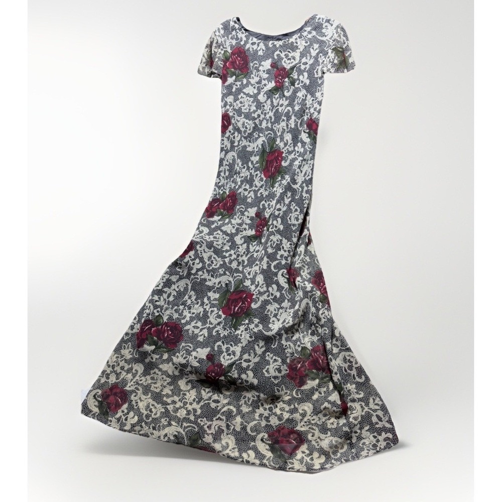 Mary McFadden Maxi Dress Women 6 Black White Red Rose Lace Print‎ Floral Gown